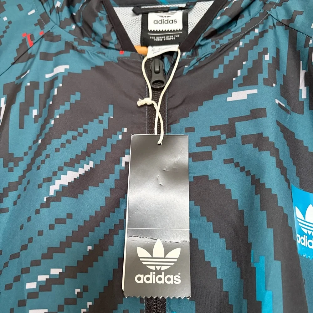 NWT Men’s 2XL Adidas Black and Teal Patterned Windbreaker Athleisure
